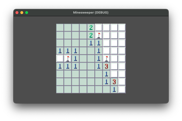 A computer window with a half-completed game of Minesweeper
             in the middle.